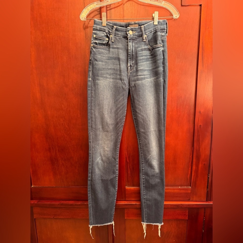 Mother The Looker Ankle Fray jeans dark blue wash with a raw, frayed hem Size 24
